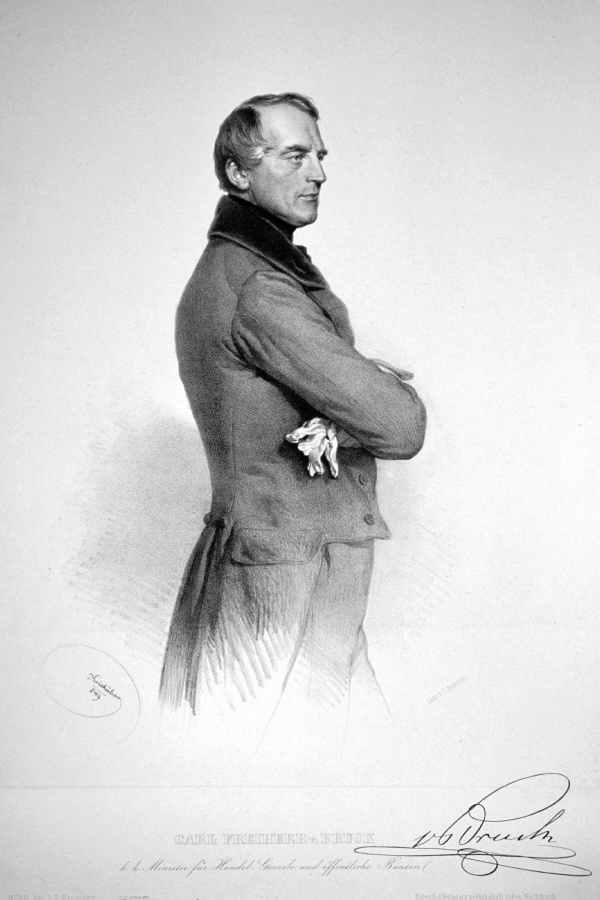 Ministr obchodu a veřejných staveb ve Schwarzenbergově vládě Karl Ludwig rytíř von Bruck (1798–1860), v roce 1849 povýšený do stavu svobodných pánů. Litografie Josefa Kriehubera z roku 1849.